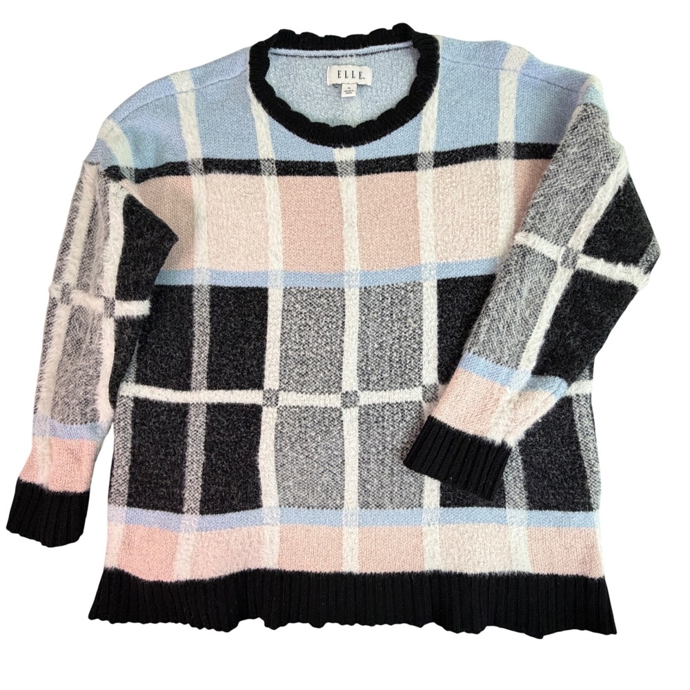 Plaid Fuzzy Knit Sweater Pullover Women's XL Pink Blue Black White Cozy